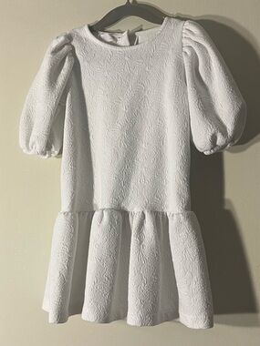 Zara Girls White Jacquard Textured Puff-Sleeve Drop Waist Floral Dress Size 3 4